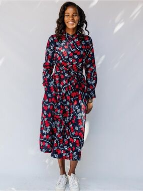 Zuri Nightshade Midi Shirt Dress Belted African Print Cotton Button Down Size L